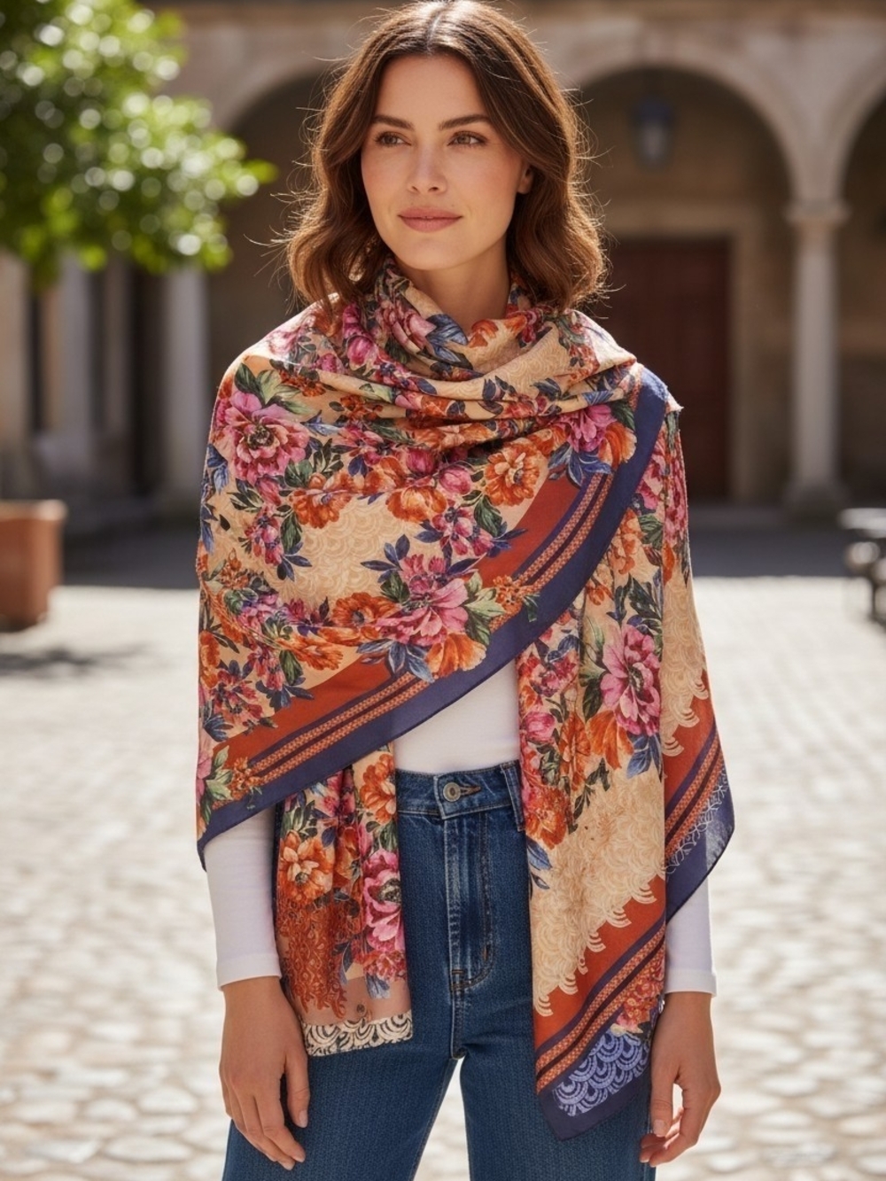 Johnny Was 100 % SILK  Floral Border Shawl Wrap in Rust, Pink & Navy